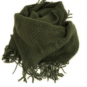 Olive Green Textured Infinity Scarf with Fringe